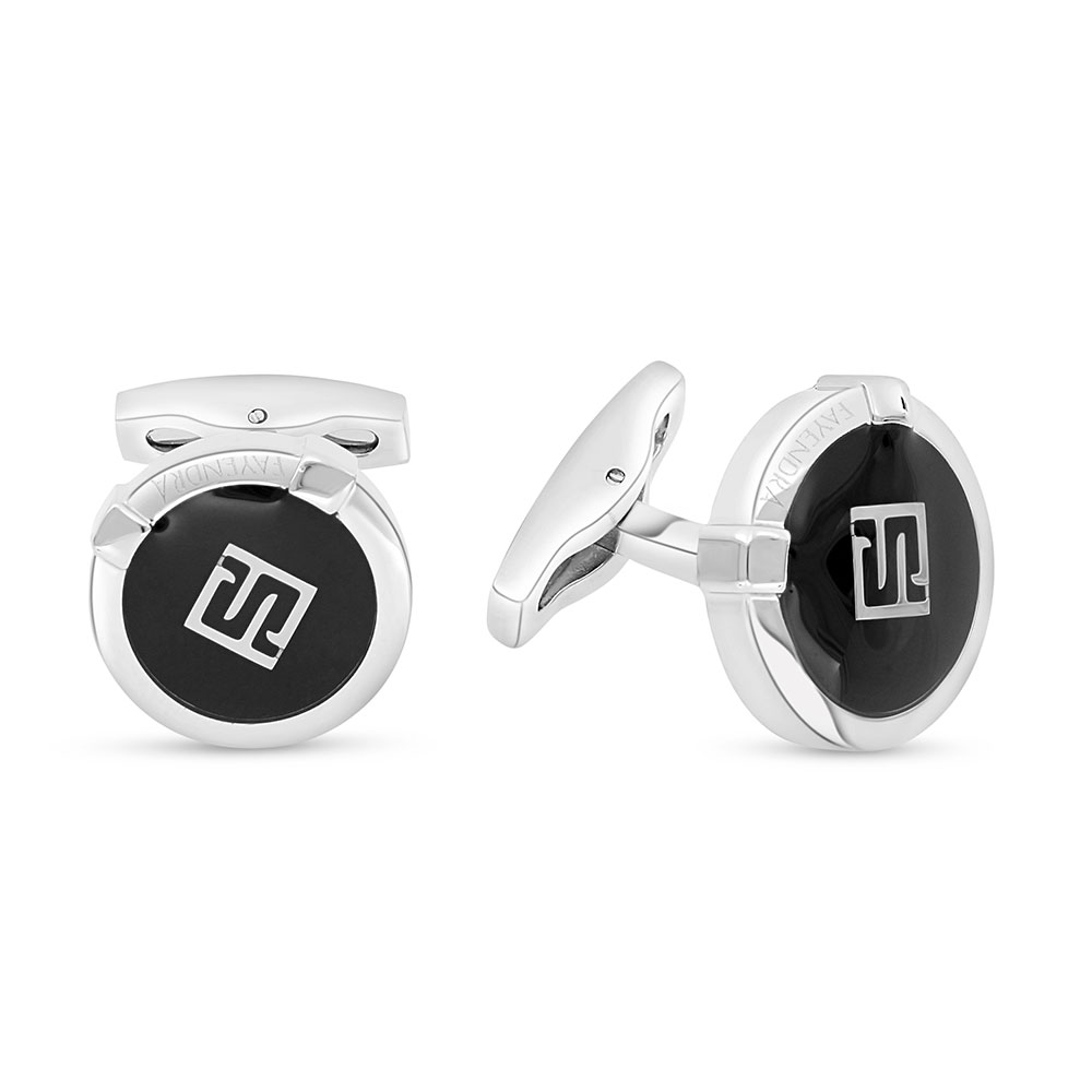 Stainless Steel Cufflink 316L Silver Plated Embedded With Black Agate LOGO