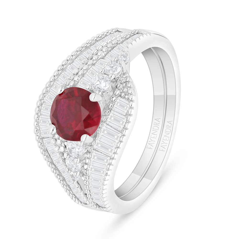 Sterling Silver 925 Ring (Twins) Rhodium Plated Embedded With Ruby Corundum And White Zircon