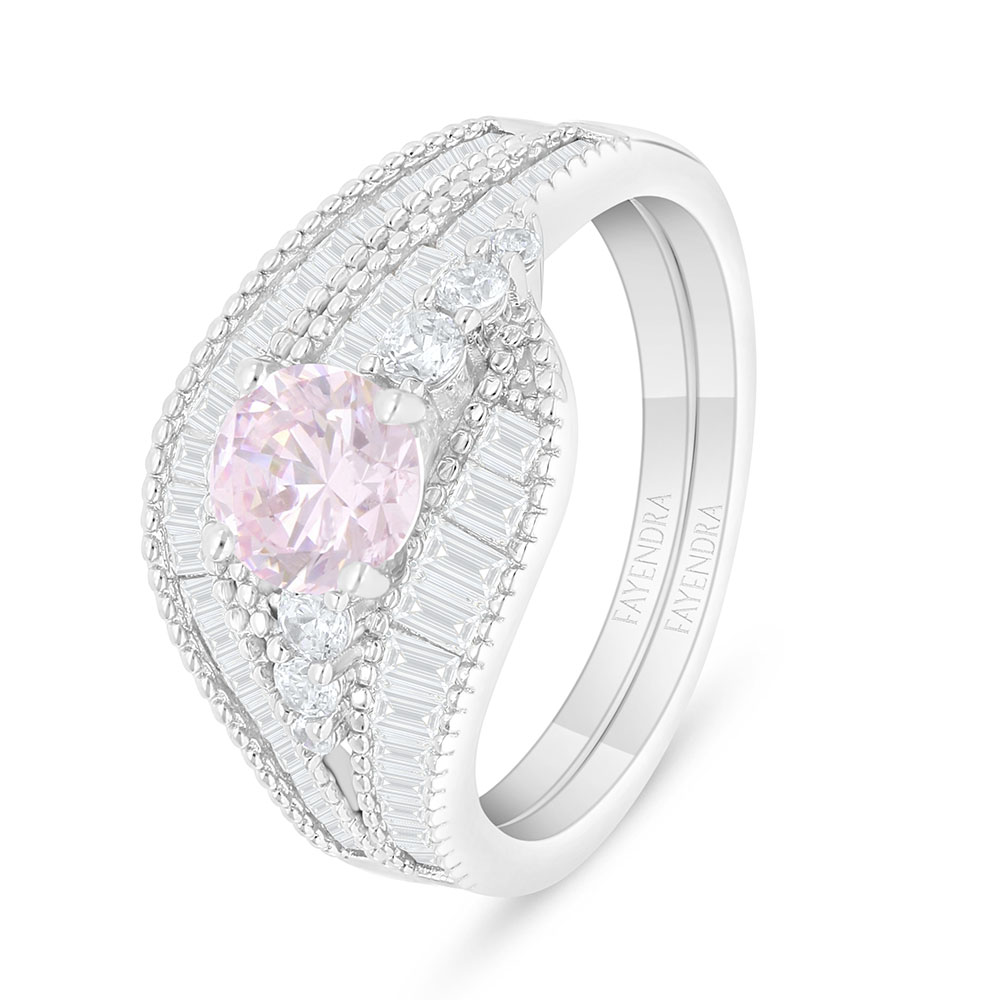 Sterling Silver 925 Ring (Twins) Rhodium Plated Embedded With Pink Zircon And White Zircon