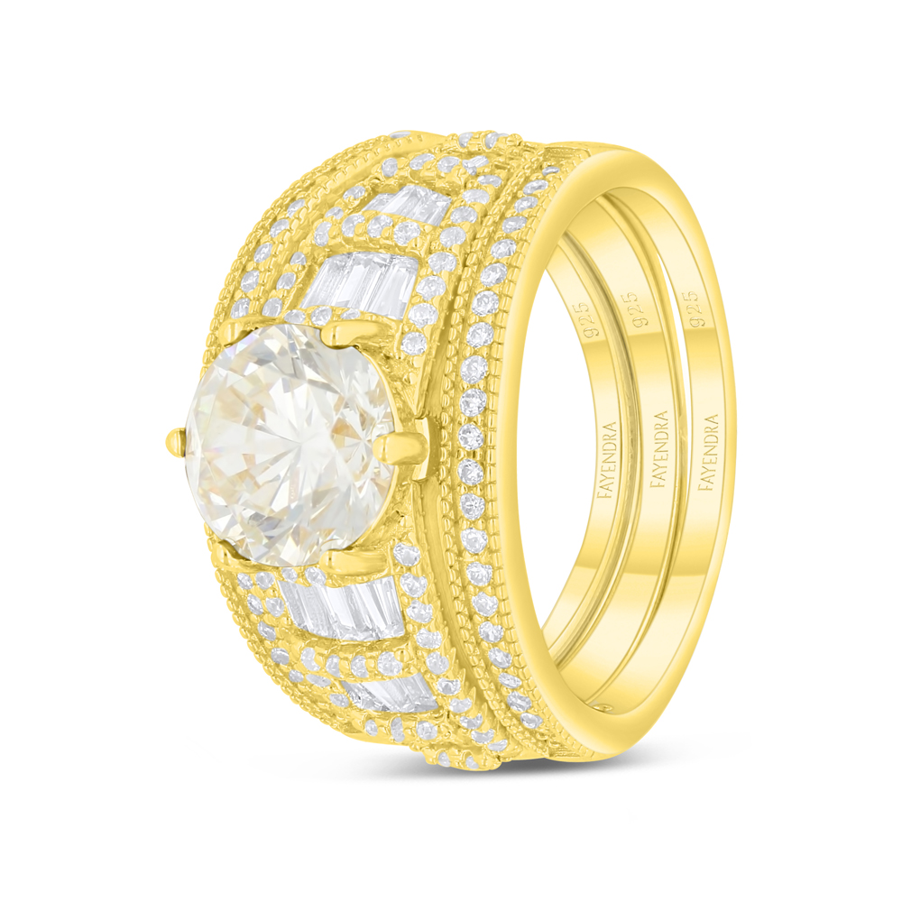 Sterling Silver 925 Ring (3pcs) Golden Plated Embedded With Yellow Diamond And White Zircon