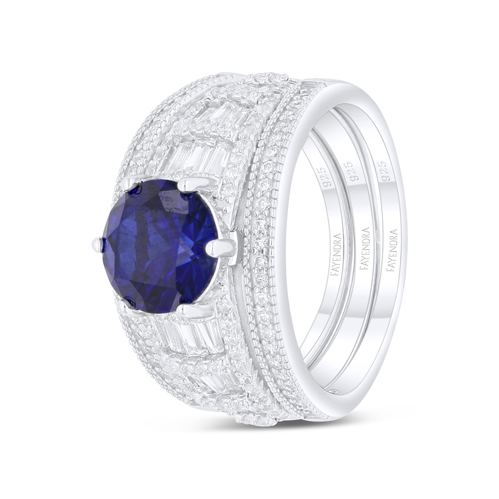 Sterling Silver 925 Ring (3pcs) Rhodium Plated Embedded With Sapphire Corundum And White Zircon