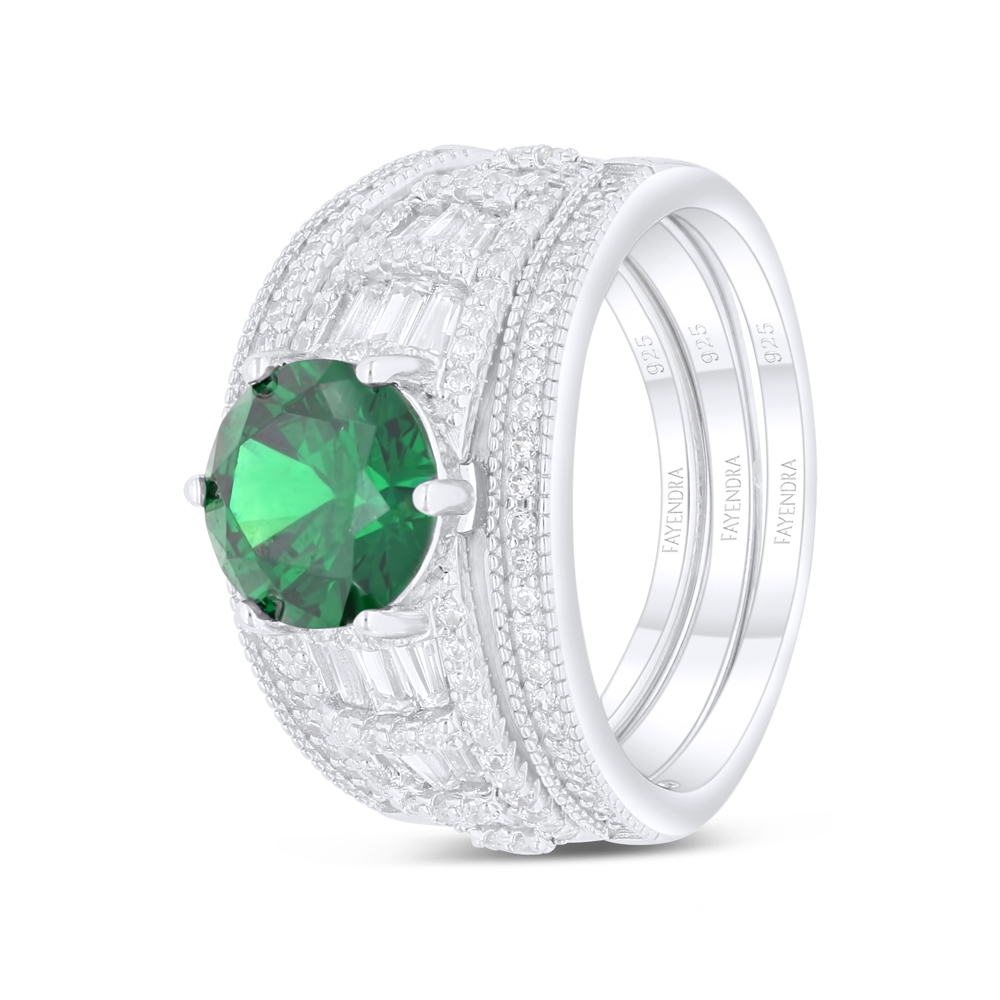 Sterling Silver 925 Ring (3pcs) Rhodium Plated Embedded With Emerald Zircon And White Zircon