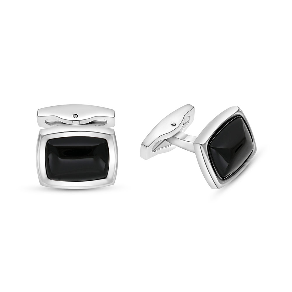 Stainless Steel Cufflink 316L Silver Plated  Embedded With Black Agate