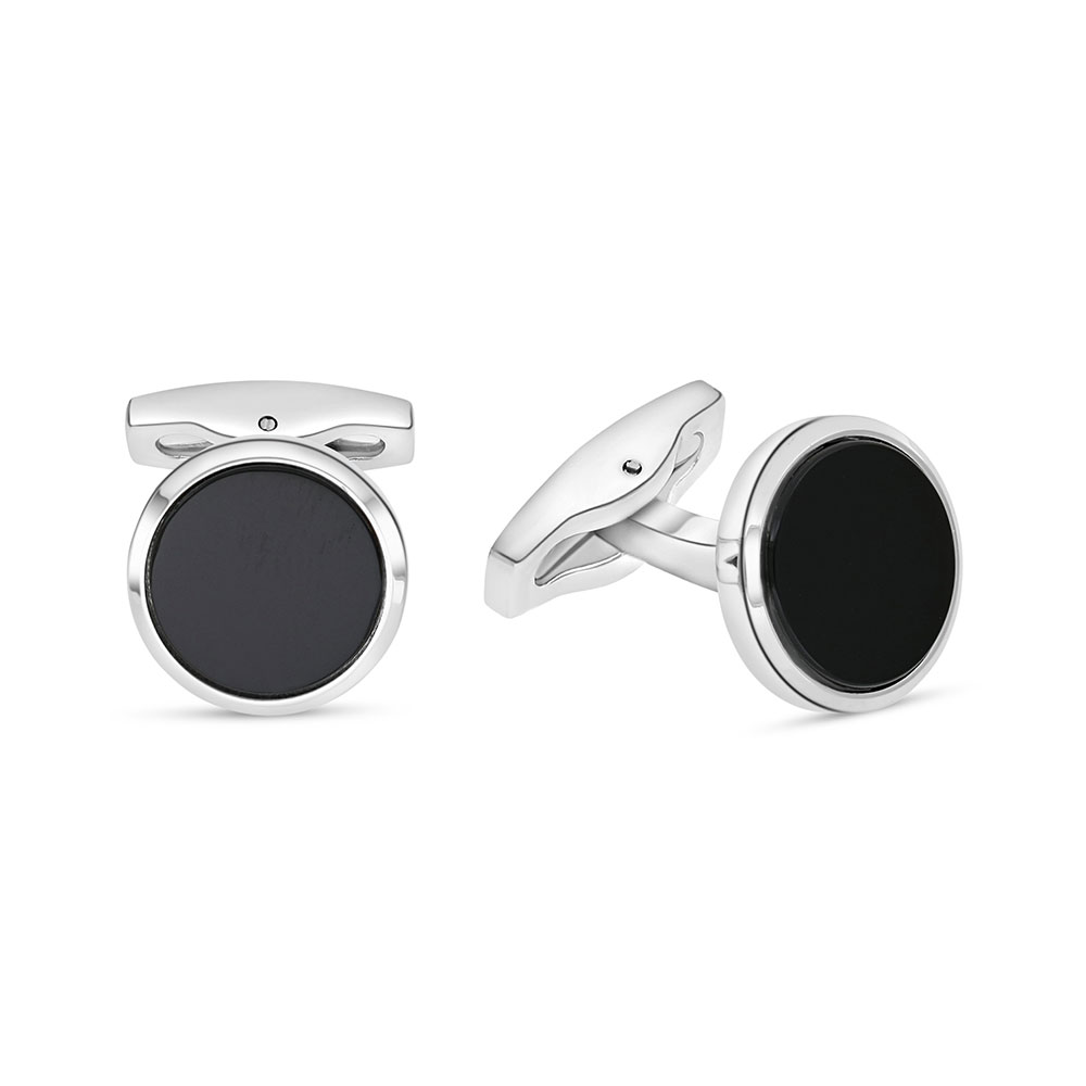 Stainless Steel Cufflink 316L Silver Plated  Embedded With Black Agate