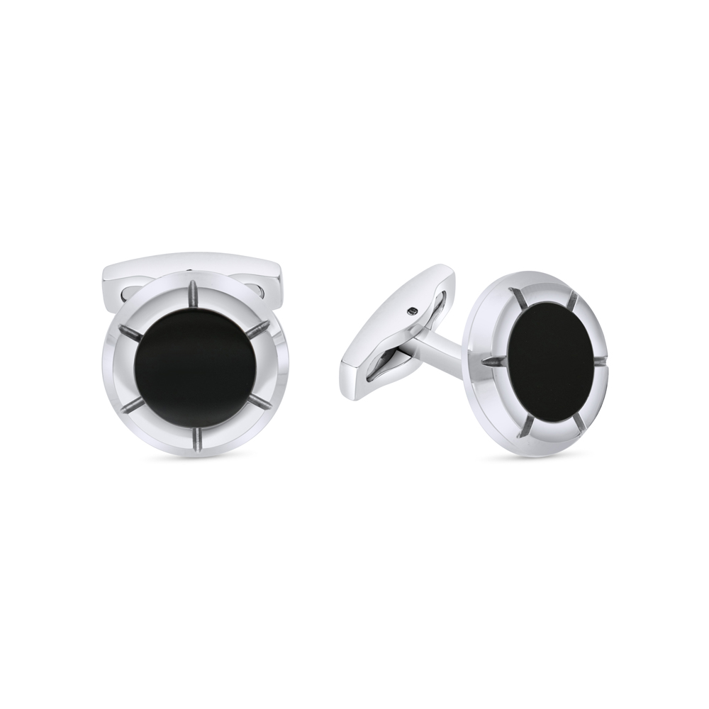 Stainless Steel Cufflink 316L Silver Plated  Embedded With Black Agate