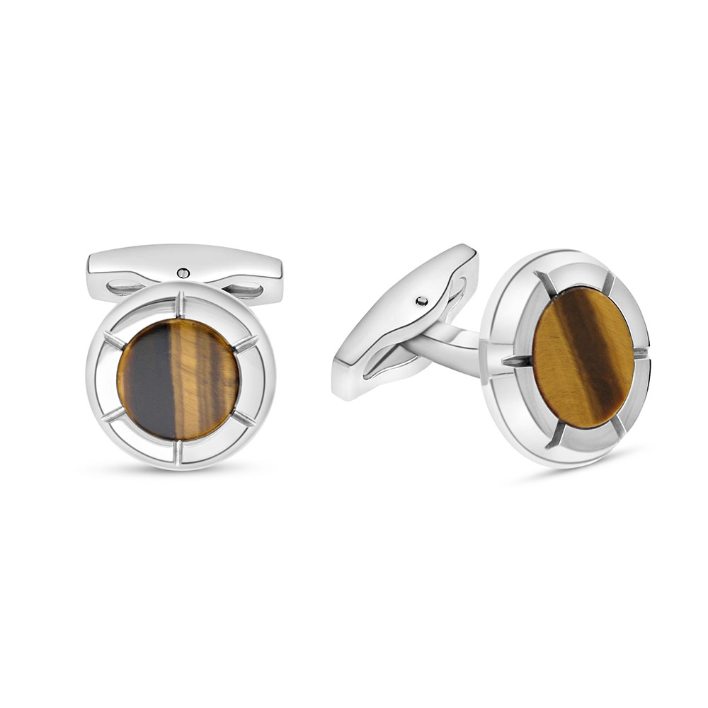 Stainless Steel Cufflink 316L Silver Plated  Embedded With Brown Tiger Eyes