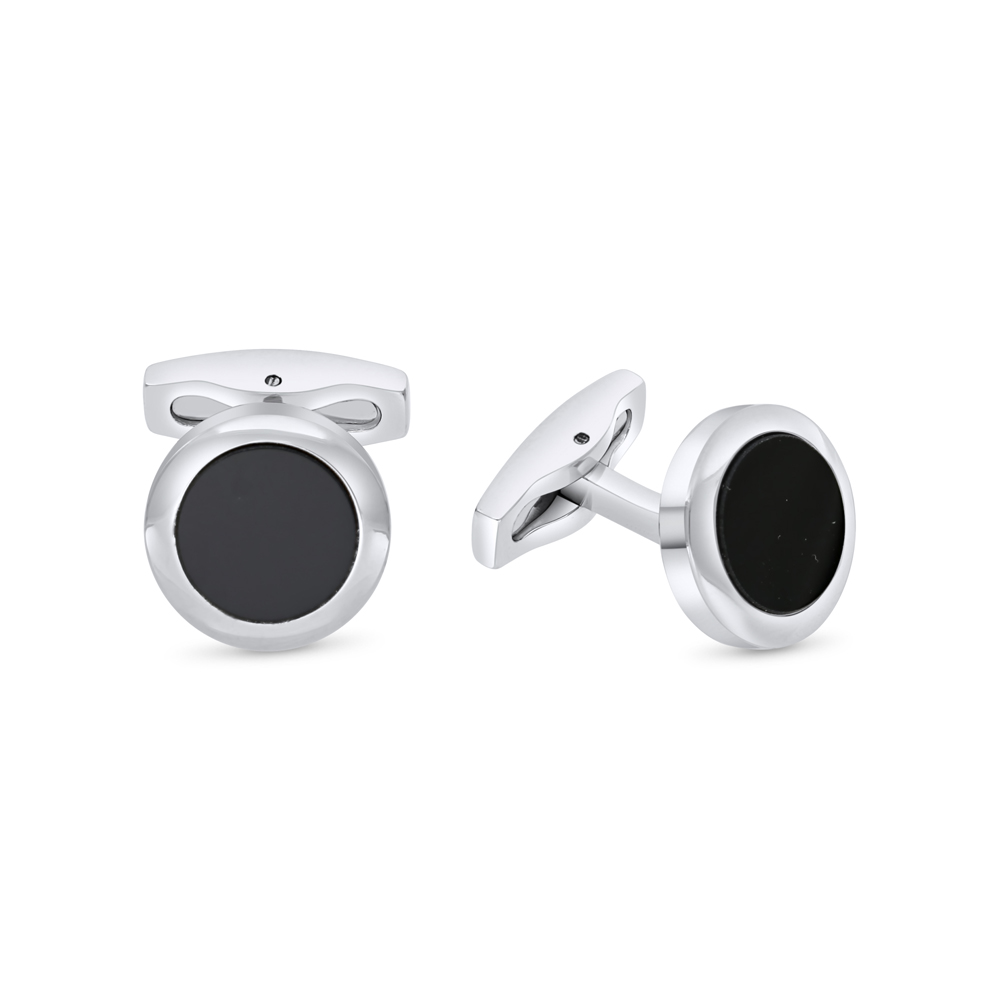 Stainless Steel Cufflink 316L Silver Plated  Embedded With Black Agate