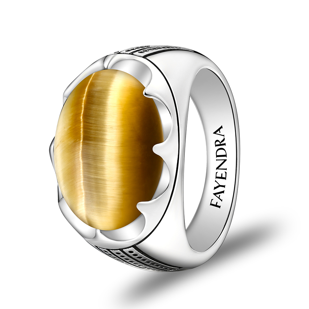 Sterling Silver 925 Ring Rhodium Plated Embedded With GOLD TIGER EYE