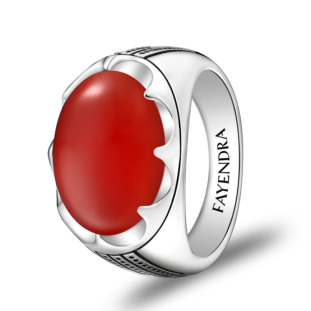 Sterling Silver 925 Ring Rhodium Plated Embedded With Red AGATE