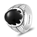 Sterling Silver 925 Ring Rhodium Plated Embedded With Black Agate And White CZ