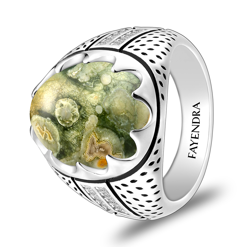 Sterling Silver 925 Ring Rhodium Plated Embedded With Royolite And White CZ