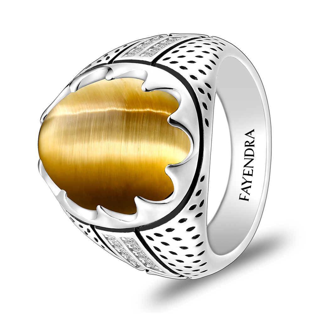 Sterling Silver 925 Ring Rhodium Plated Embedded With GOLD TIGER EYE And White CZ