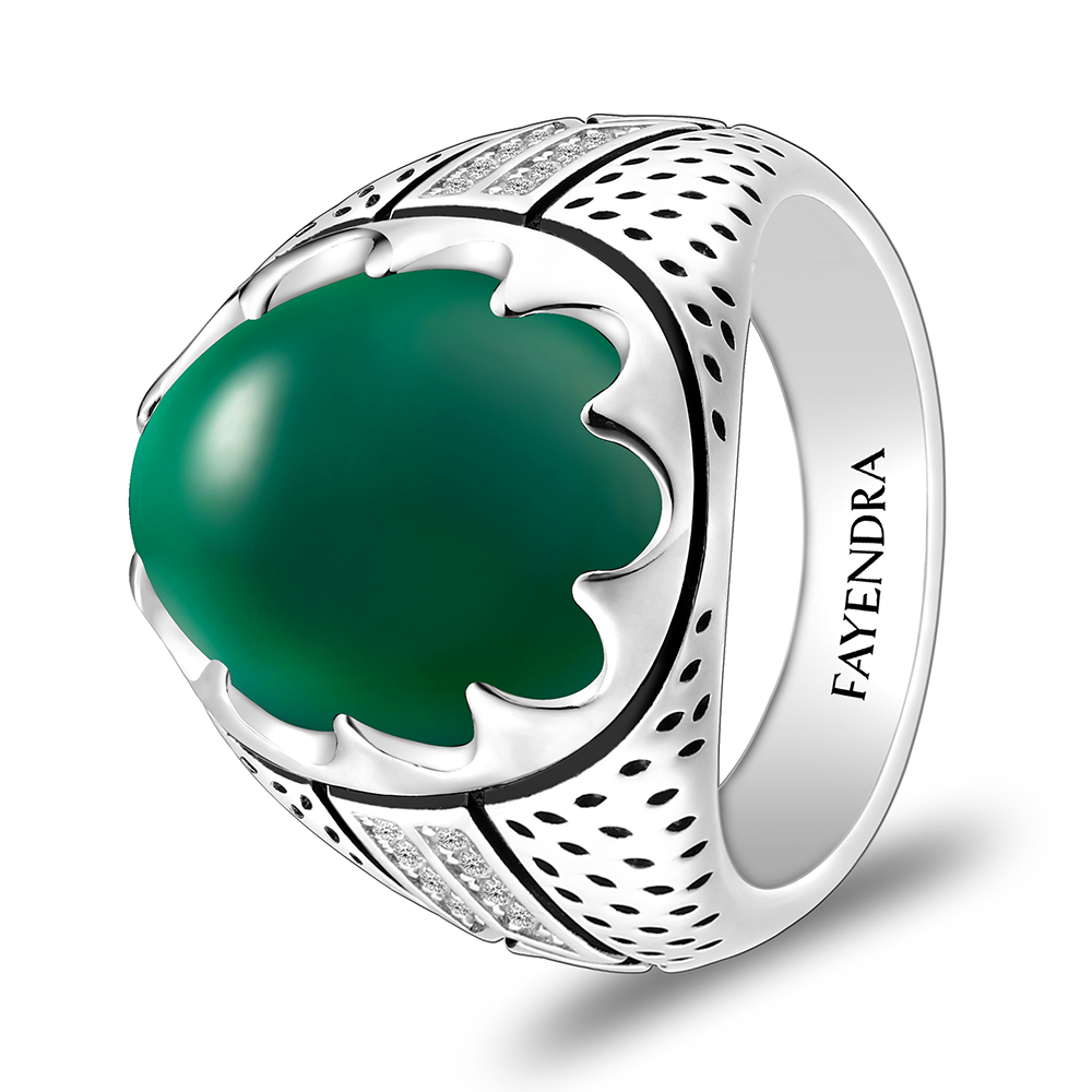 Sterling Silver 925 Ring Rhodium Plated Embedded With GREEN AGATE And White CZ