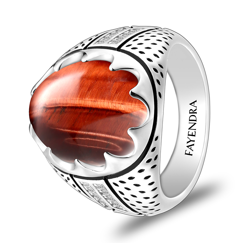 Sterling Silver 925 Ring Rhodium Plated Embedded With RED TIGER EYE And White CZ