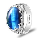 Sterling Silver 925 Ring Rhodium Plated Embedded With BLUE TIGER EYE And White CZ