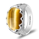 Sterling Silver 925 Ring Rhodium Plated Embedded With GOLD TIGER EYE And White CZ