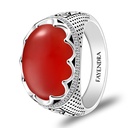 Sterling Silver 925 Ring Rhodium Plated Embedded With Red AGATE And White CZ