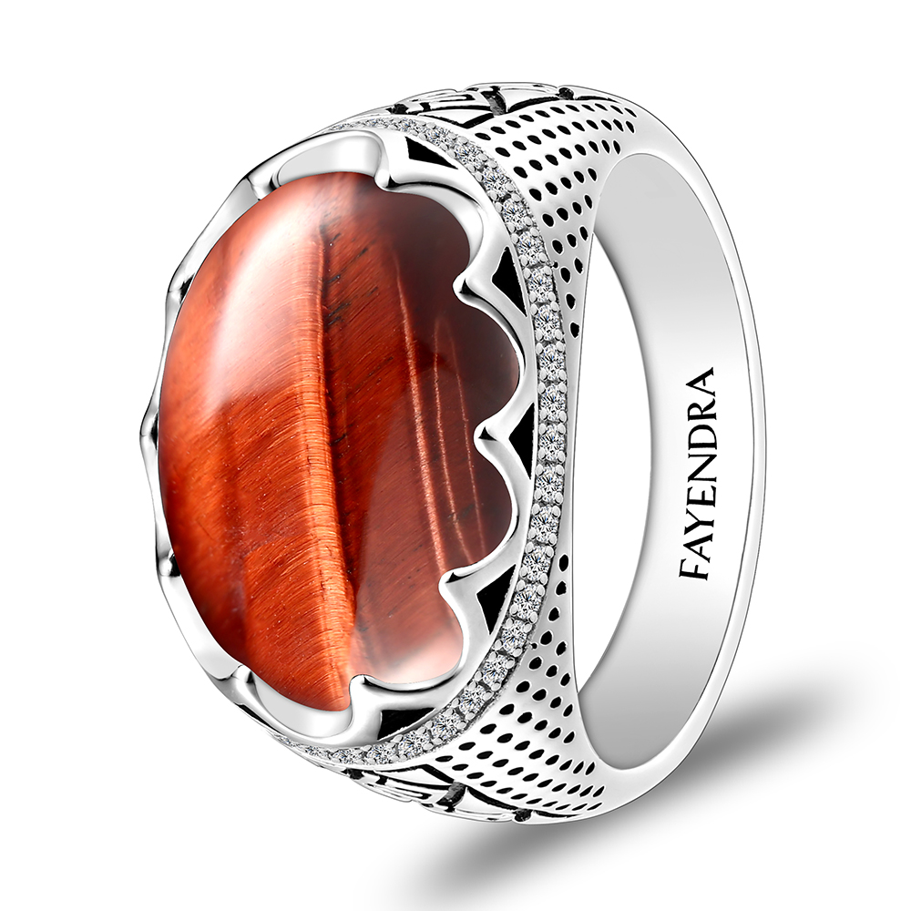 Sterling Silver 925 Ring Rhodium Plated Embedded With RED TIGER EYE And White CZ