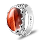 Sterling Silver 925 Ring Rhodium Plated Embedded With RED TIGER EYE And White CZ