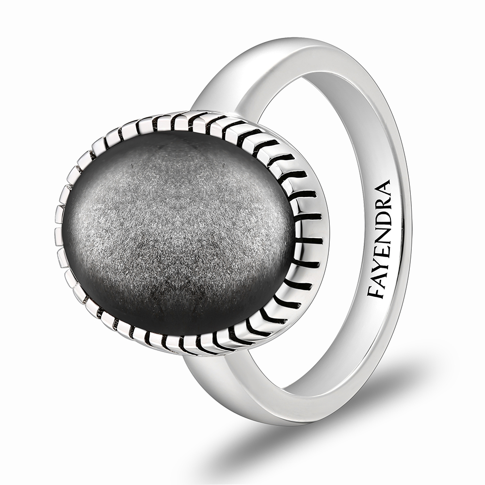 Sterling Silver 925 Ring Rhodium Plated Embedded With SILVER OBSIDIAN