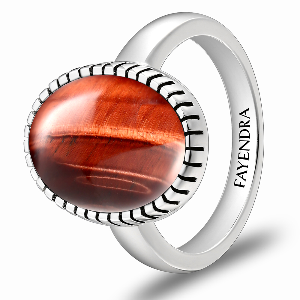 Sterling Silver 925 Ring Rhodium Plated Embedded With RED TIGER EYE