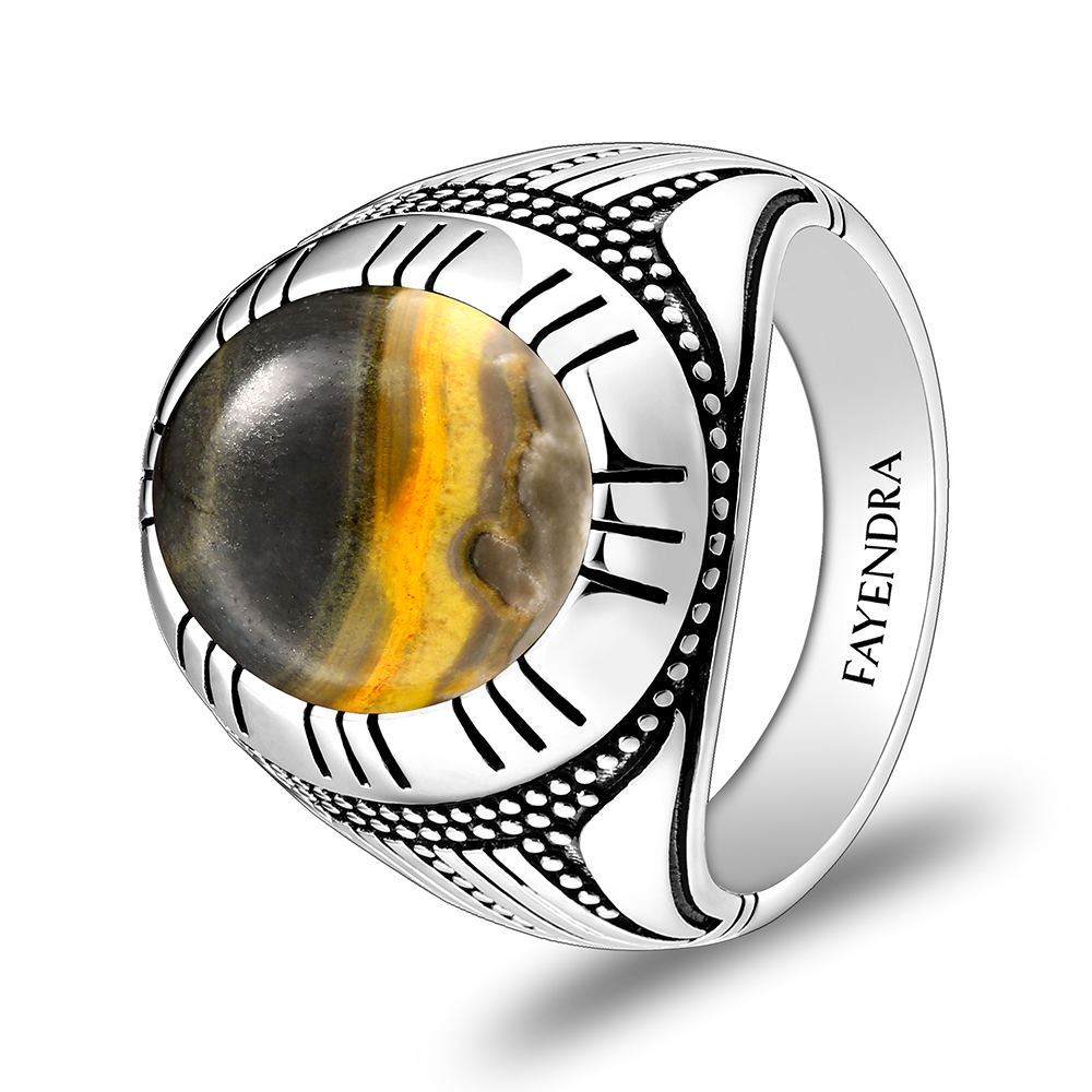 Sterling Silver 925 Ring Rhodium Plated Embedded With YELLOW TIGER EYE