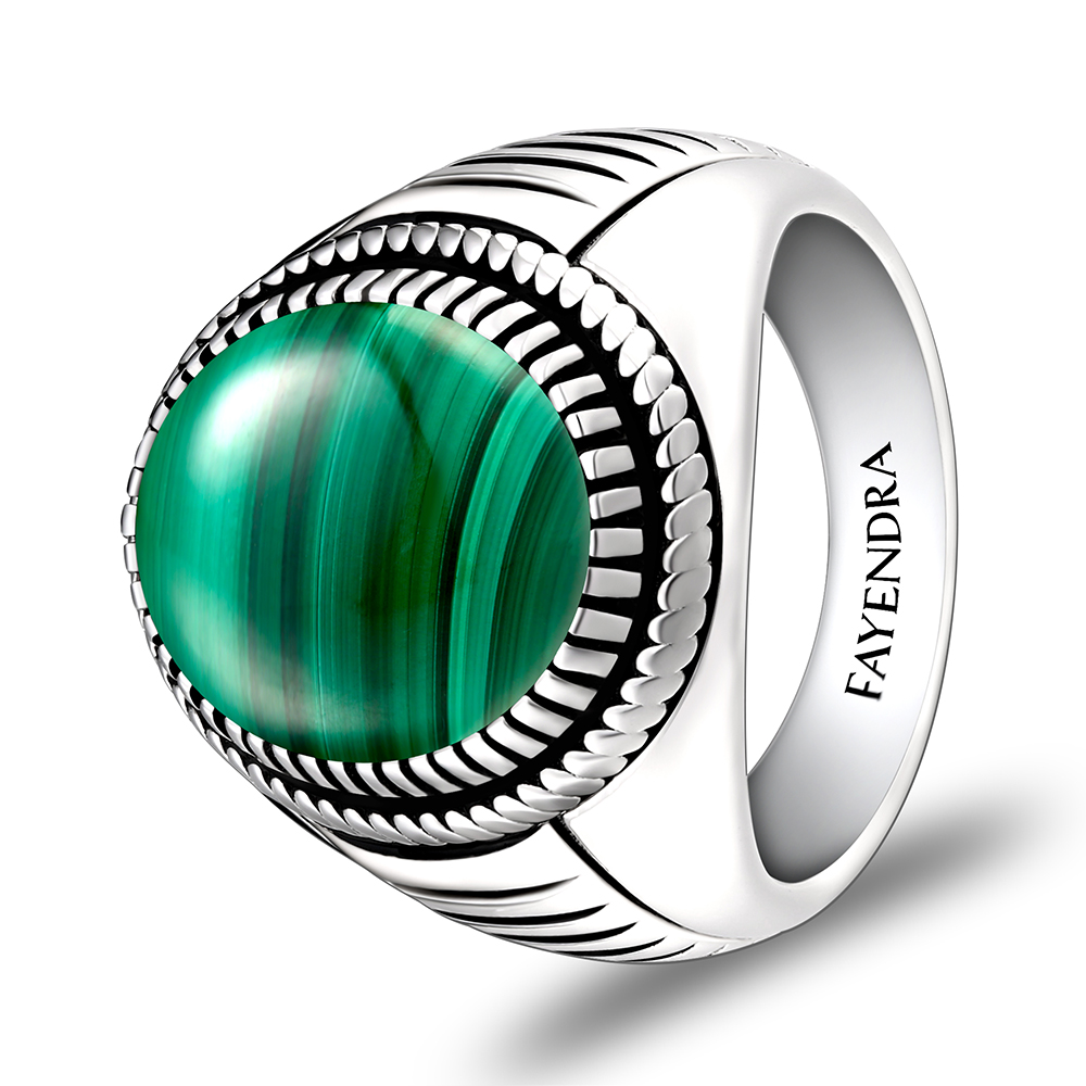 Sterling Silver 925 Ring Rhodium Plated Embedded With Malachite