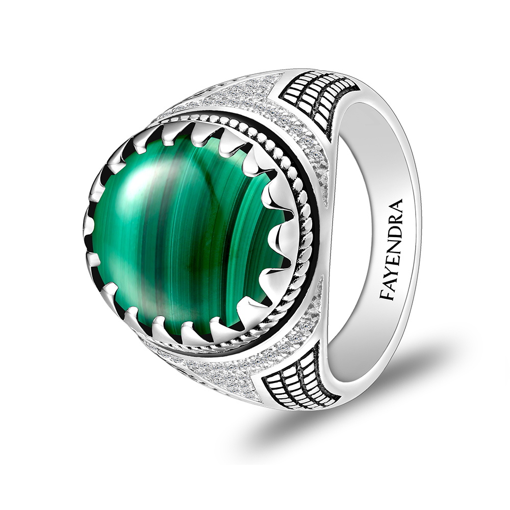 Sterling Silver 925 Ring Rhodium Plated Embedded With Malachite And White CZ