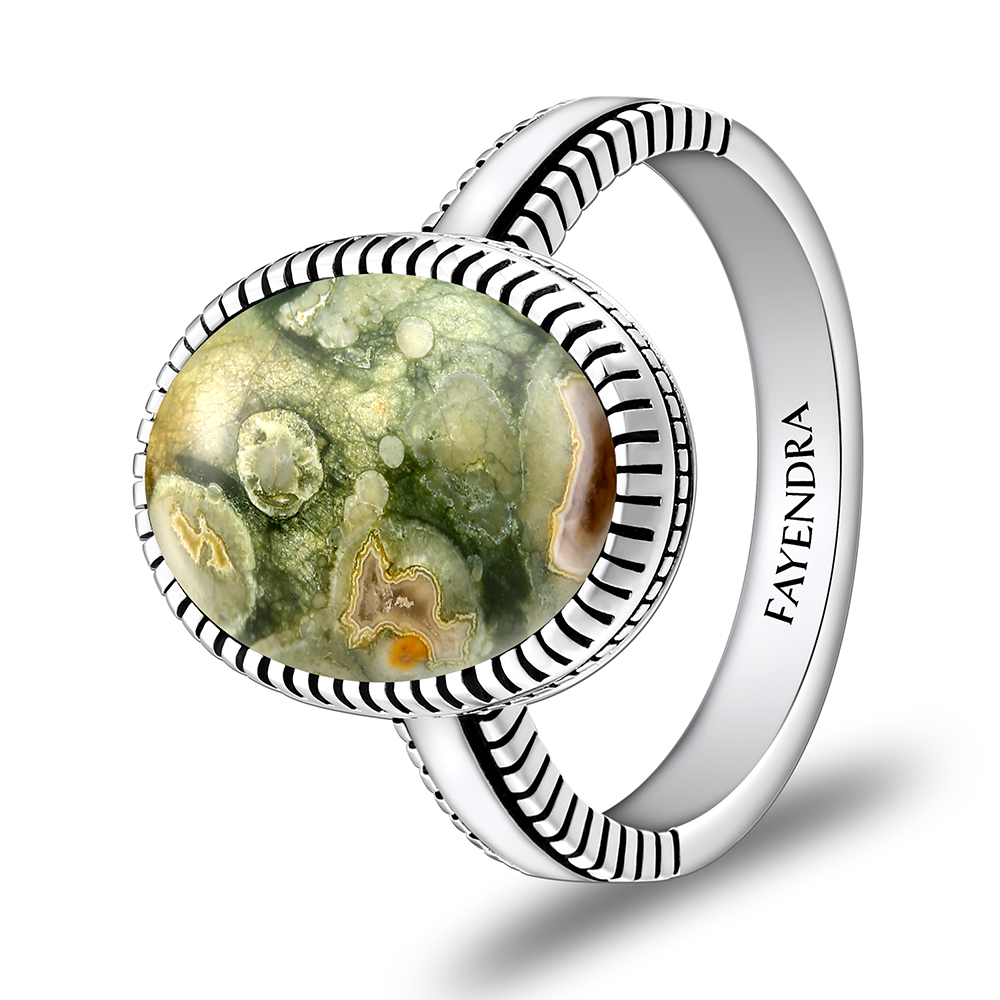 Sterling Silver 925 Ring Rhodium Plated Embedded With Royolite