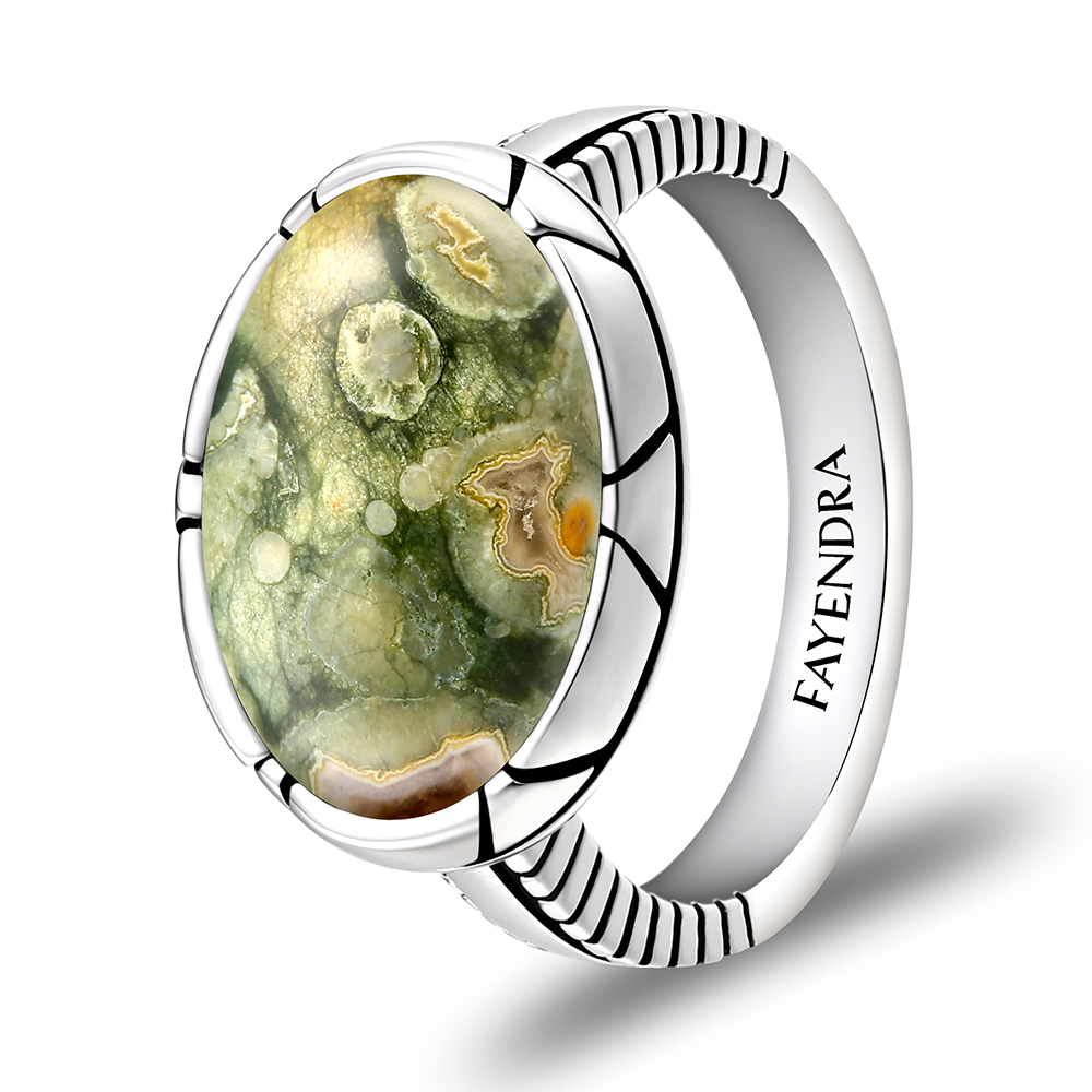 Sterling Silver 925 Ring Rhodium Plated Embedded With Royolite