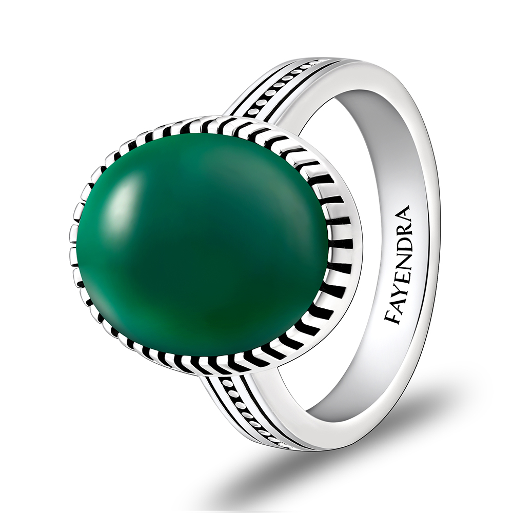 Sterling Silver 925 Ring Rhodium Plated Embedded With GREEN AGATE