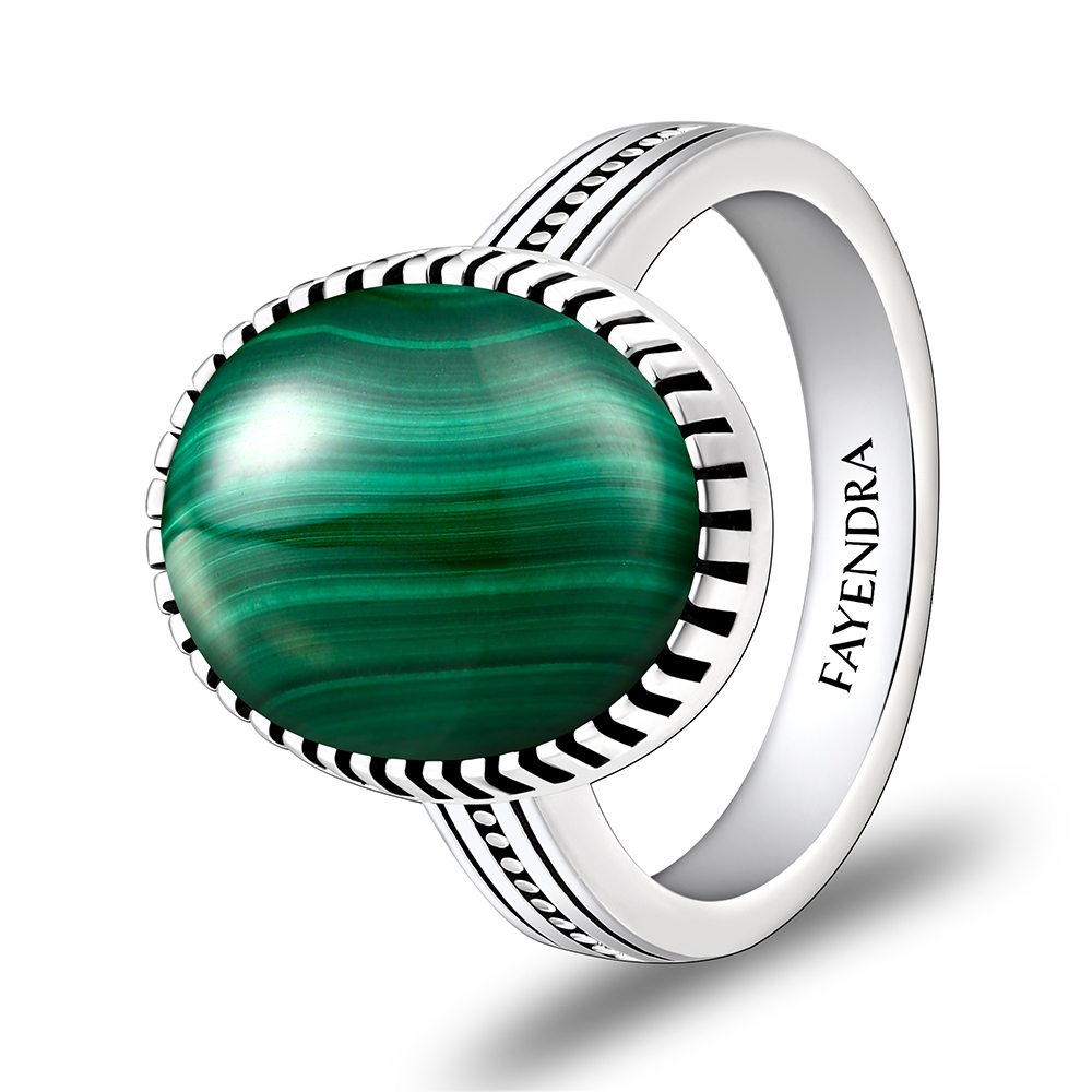 Sterling Silver 925 Ring Rhodium Plated Embedded With Malachite