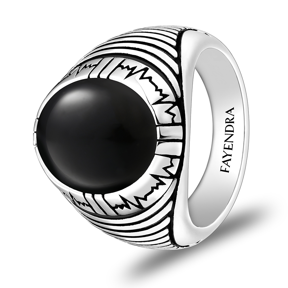 Sterling Silver 925 Ring Rhodium Plated Embedded With Black Agate