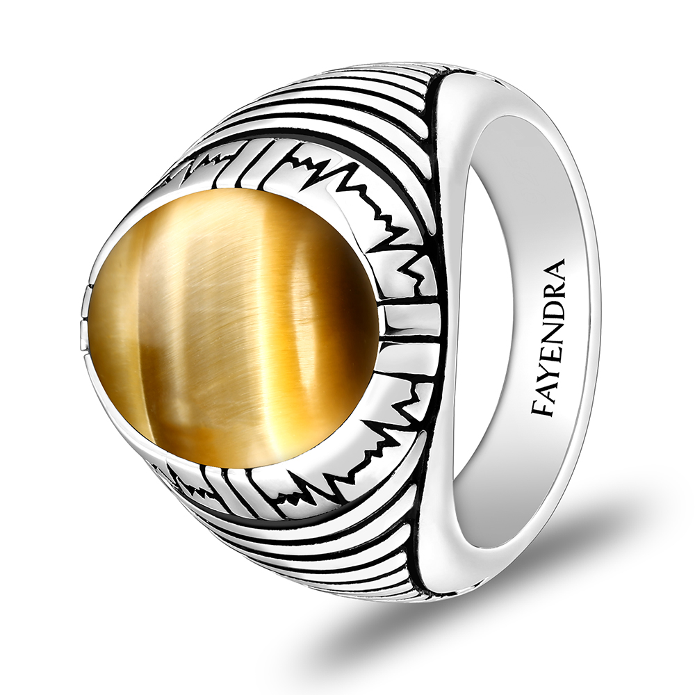 Sterling Silver 925 Ring Rhodium Plated Embedded With GOLD TIGER EYE