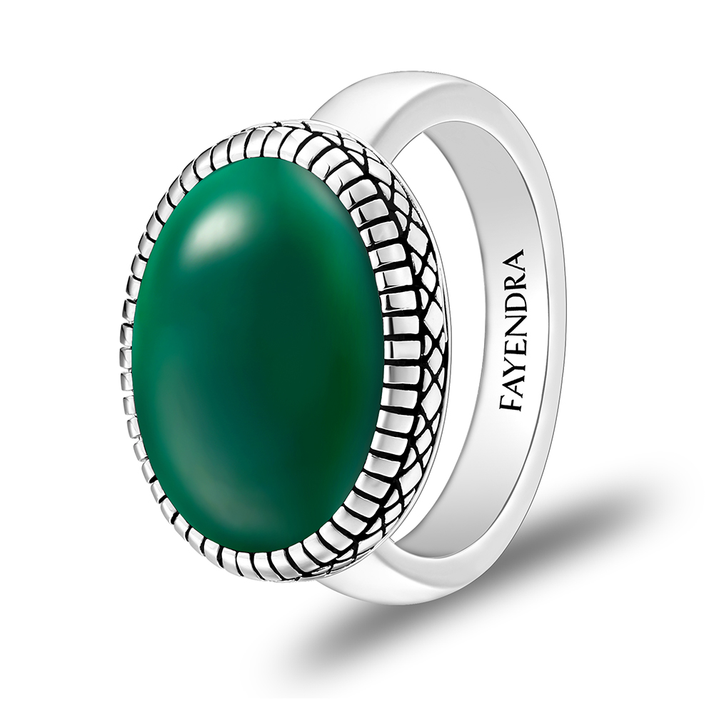 Sterling Silver 925 Ring Rhodium Plated Embedded With GREEN AGATE