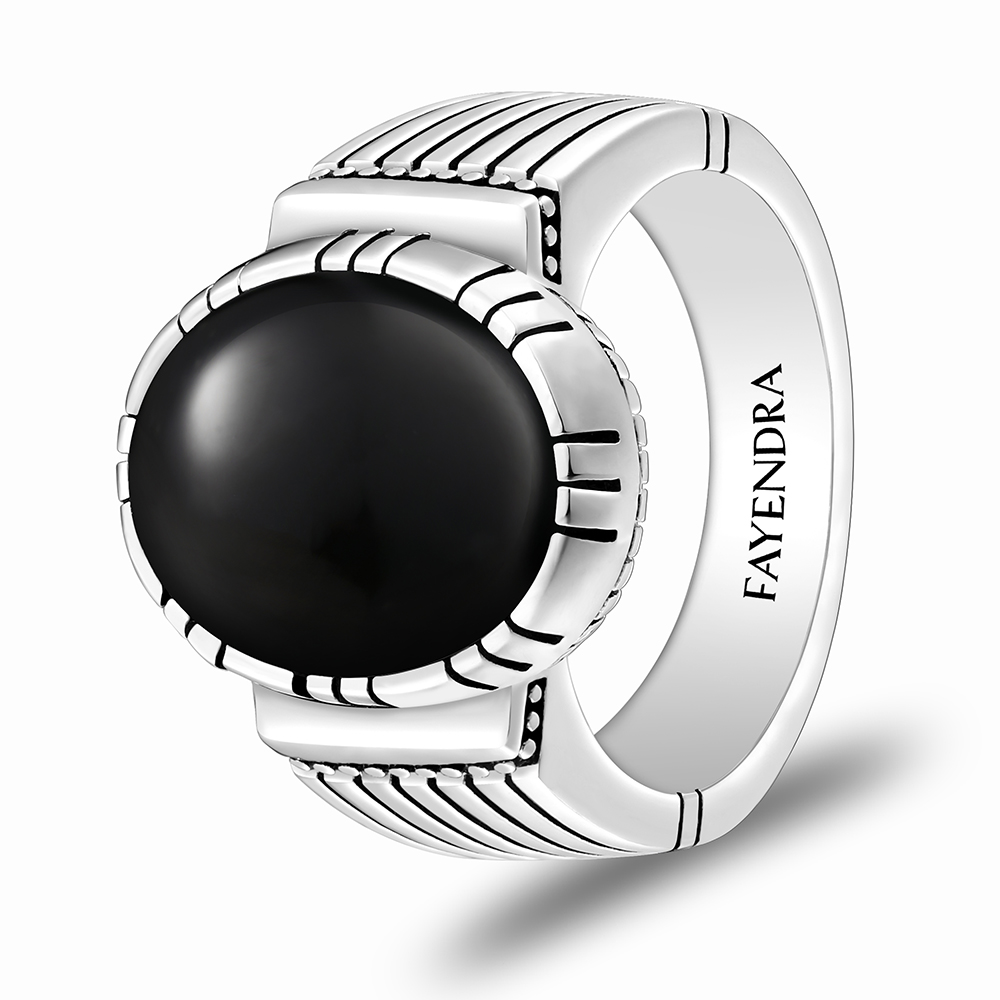 Sterling Silver 925 Ring Rhodium Plated Embedded With Black Agate