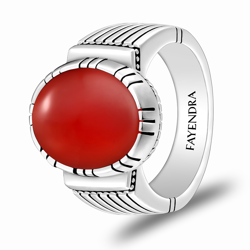 Sterling Silver 925 Ring Rhodium Plated Embedded With Red AGATE