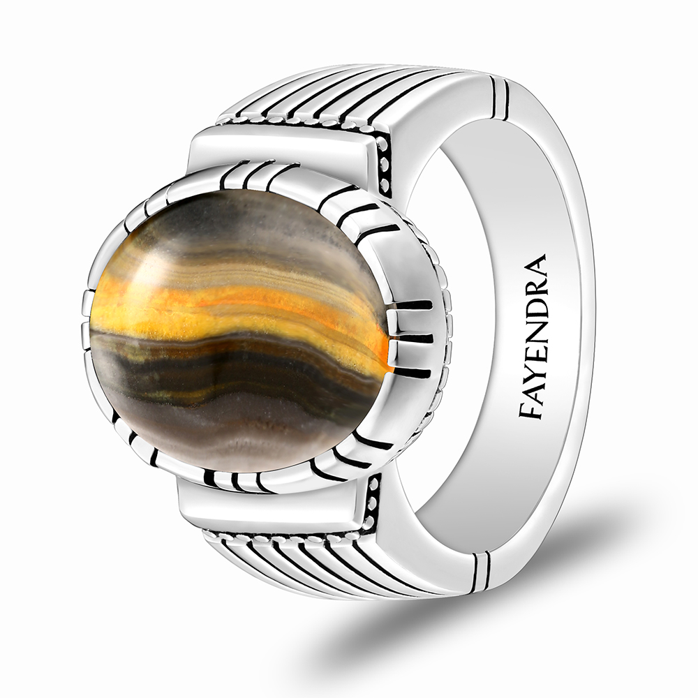 Sterling Silver 925 Ring Rhodium Plated Embedded With YELLOW TIGER EYE