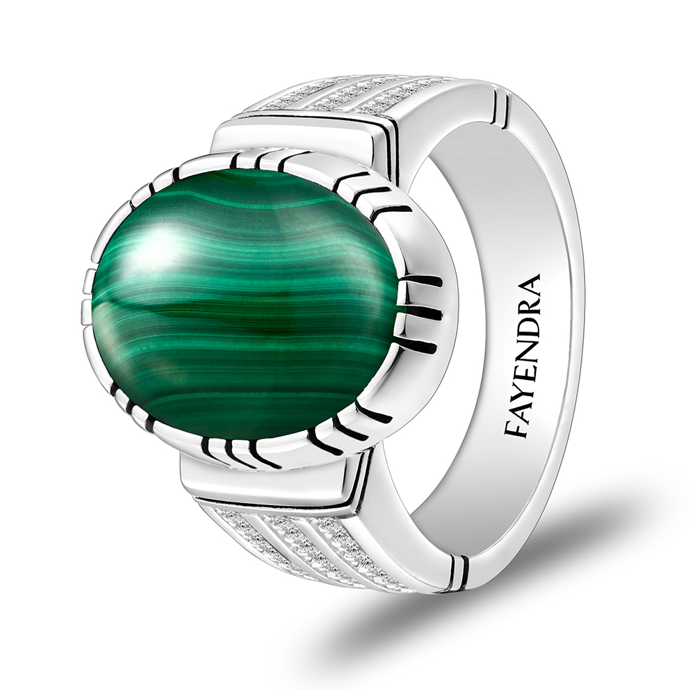 Sterling Silver 925 Ring Rhodium Plated Embedded With Malachite And White CZ