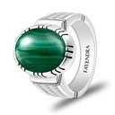 Sterling Silver 925 Ring Rhodium Plated Embedded With Malachite And White CZ