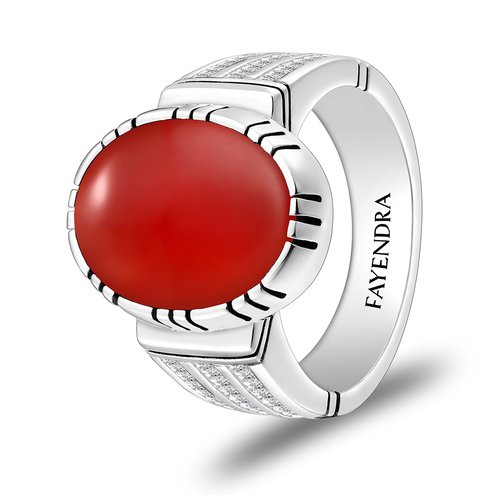 Sterling Silver 925 Ring Rhodium Plated Embedded With Red AGATE And White CZ