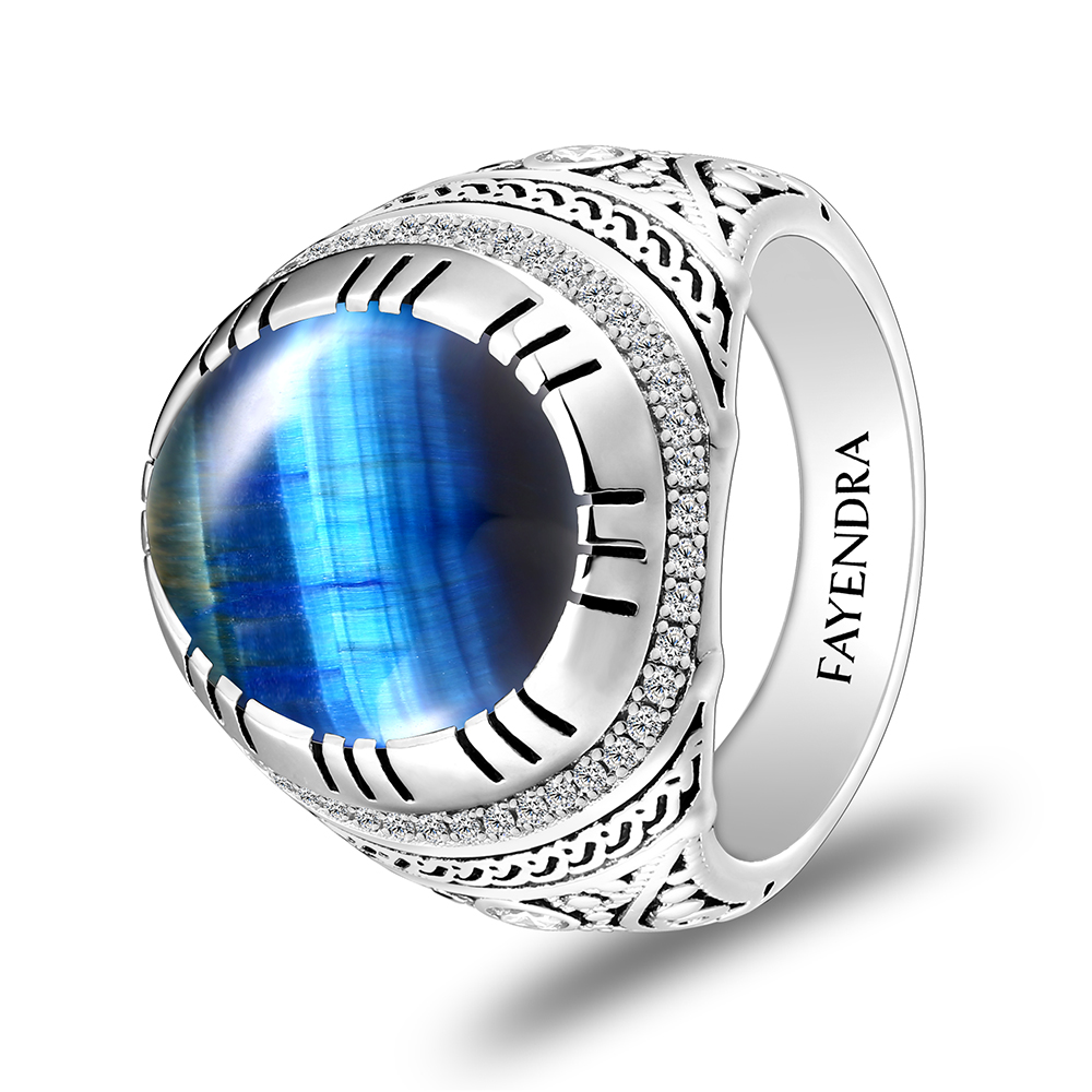 Sterling Silver 925 Ring Rhodium Plated Embedded With BLUE TIGER EYE And White CZ