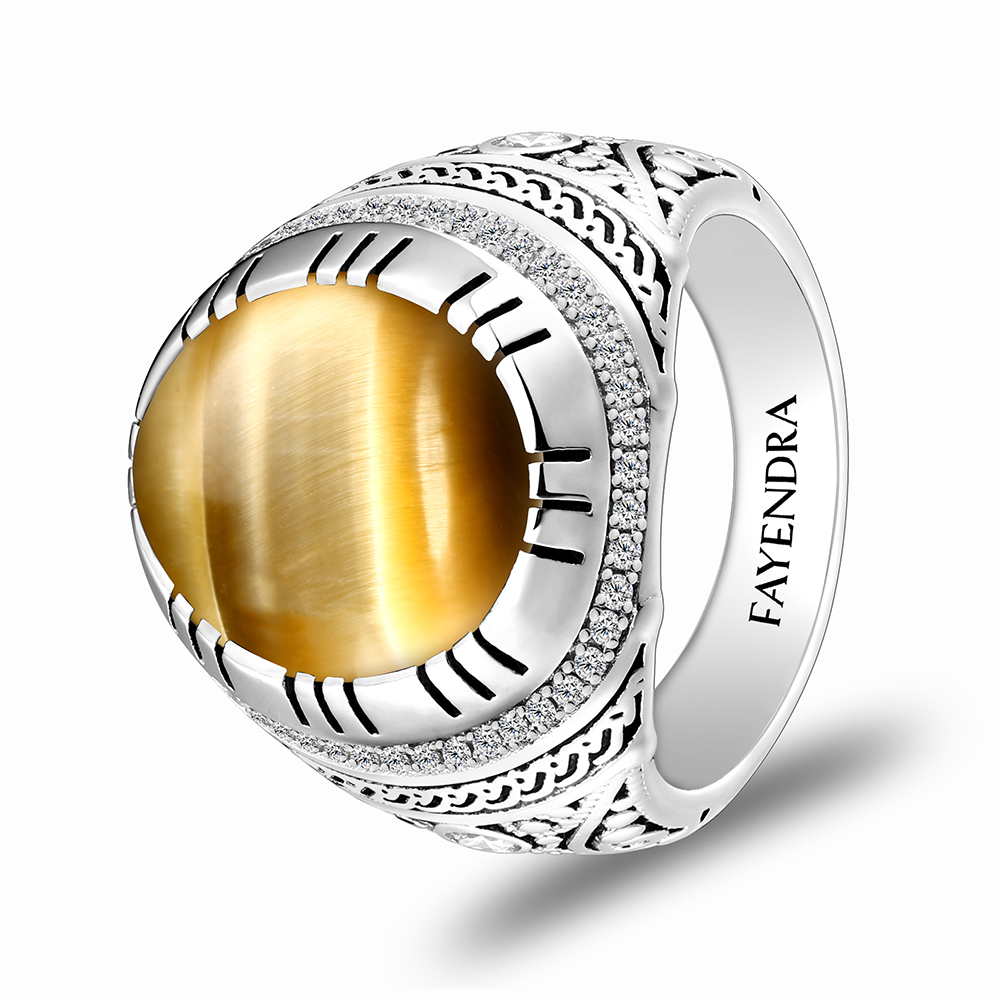 Sterling Silver 925 Ring Rhodium Plated Embedded With GOLD TIGER EYE And White CZ
