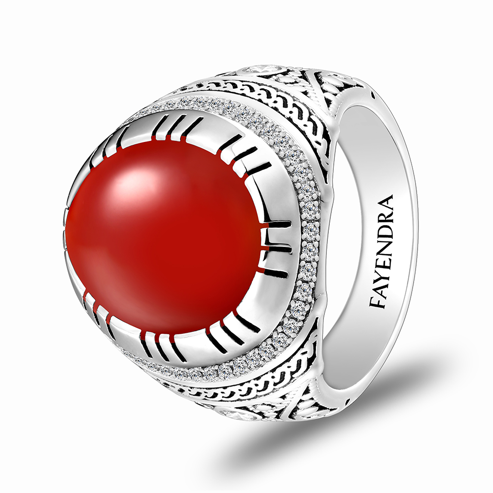 Sterling Silver 925 Ring Rhodium Plated Embedded With Red AGATE And White CZ