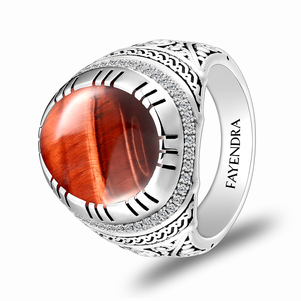 Sterling Silver 925 Ring Rhodium Plated Embedded With RED TIGER EYE And White CZ