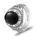 Sterling Silver 925 Ring Rhodium Plated Embedded With Black Agate And White CZ