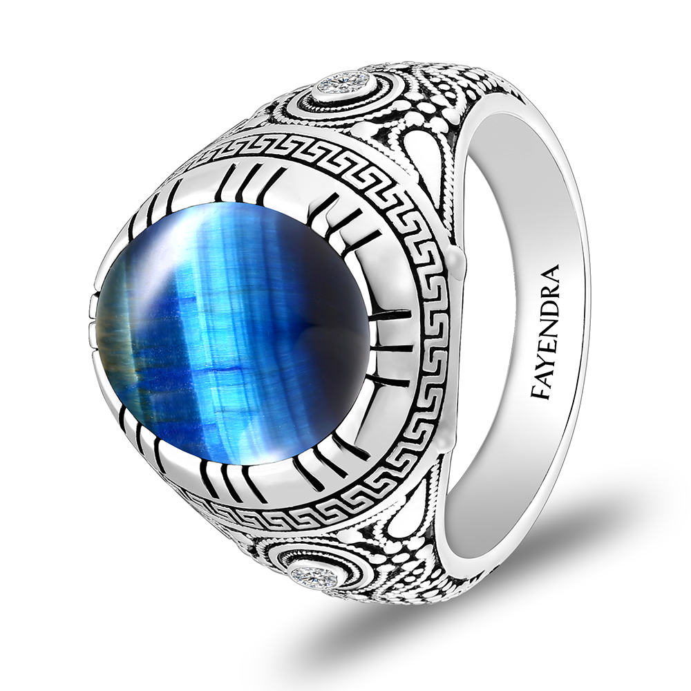 Sterling Silver 925 Ring Rhodium Plated Embedded With BLUE TIGER EYE And White CZ