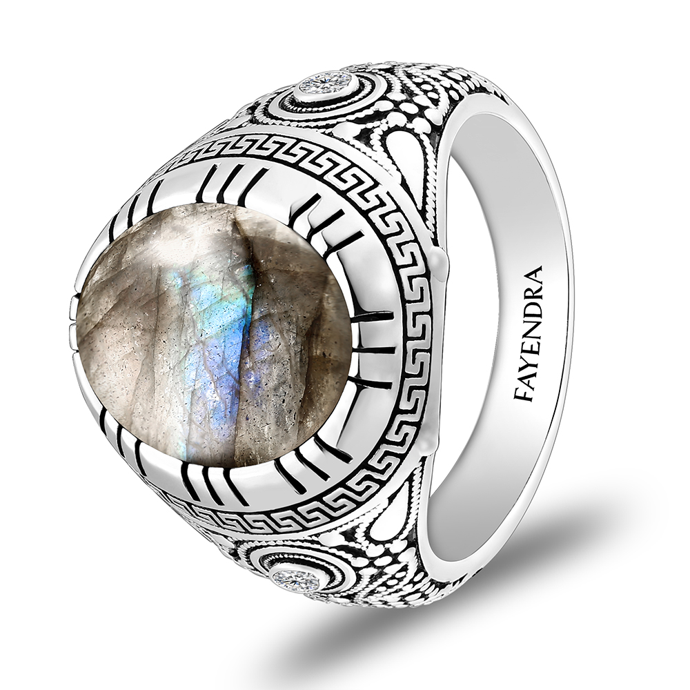 Sterling Silver 925 Ring Rhodium Plated Embedded With LABRADORITE And White CZ