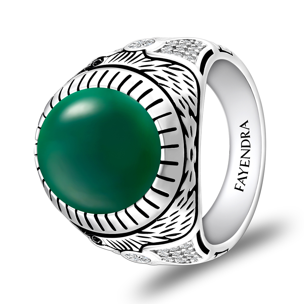 Sterling Silver 925 Ring Rhodium Plated Embedded With GREEN AGATE And White CZ
