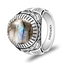 Sterling Silver 925 Ring Rhodium Plated Embedded With LABRADORITE And White CZ